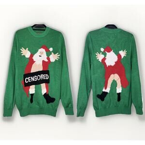 Tipsy Elves Mens XL Green Sweater Censored Santa Ugly Christmas 2-Sided Holidays